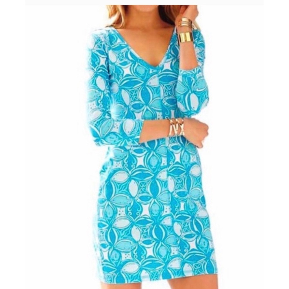 Lilly Pulitzer Marlowe Dress Blue White Fish Print Pima Cotton V-Neck XS Small